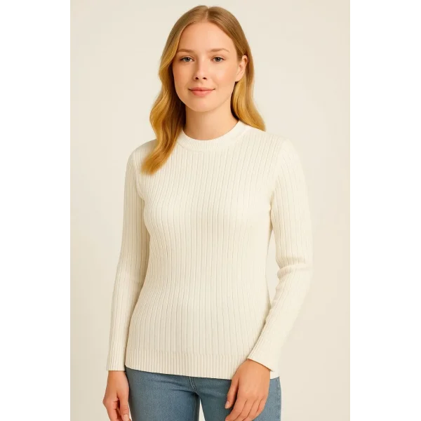 Kadın Bisiklet Yuvarlak Yaka Triko Kazak Pamuklu Kalın Fitilli Dokuma, Regular Fit Uzun Kollu Kışlık Model - Beyaz