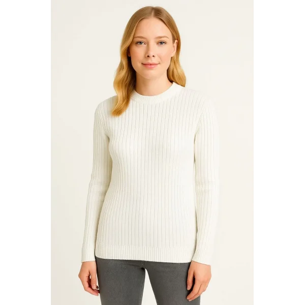 Kadın Bisiklet Yuvarlak Yaka Triko Kazak Pamuklu Kalın Fitilli Dokuma, Regular Fit Uzun Kollu Kışlık Model - Beyaz