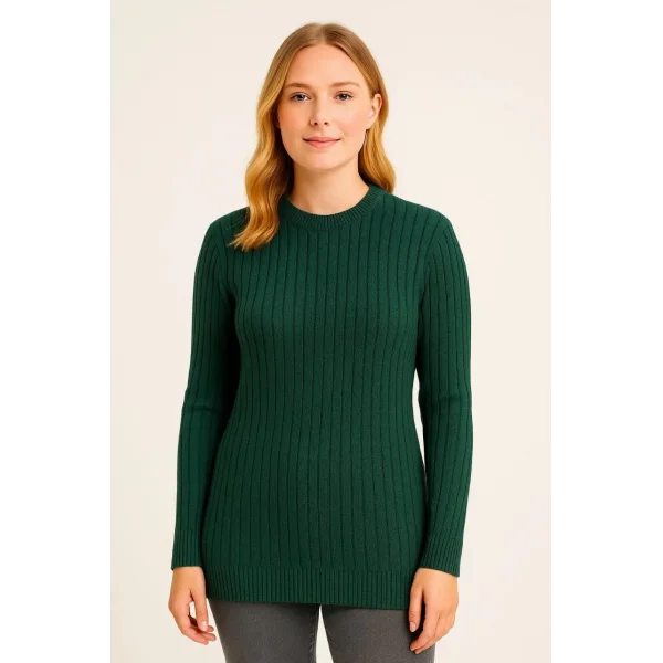 Kadın Bisiklet Yuvarlak Yaka Triko Kazak Pamuklu Kalın Fitilli Dokuma, Regular Fit Uzun Kollu Kışlık Model - Haki