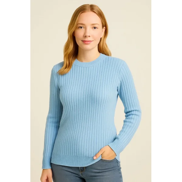 Kadın Bisiklet Yuvarlak Yaka Triko Kazak Pamuklu Kalın Fitilli Dokuma, Regular Fit Uzun Kollu Kışlık Model - Bebe Mavisi