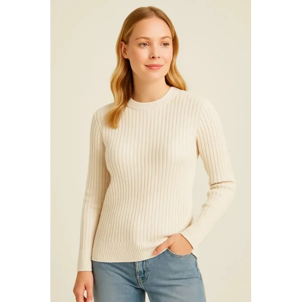 Kadın Bisiklet Yuvarlak Yaka Triko Kazak Pamuklu Kalın Fitilli Dokuma, Regular Fit Uzun Kollu Kışlık Model - Bej