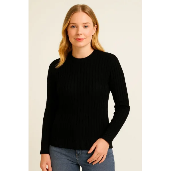 Kadın Bisiklet Yuvarlak Yaka Triko Kazak Pamuklu Kalın Fitilli Dokuma, Regular Fit Uzun Kollu Kışlık Model - Siyah