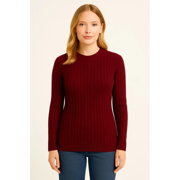Kadın Bisiklet Yuvarlak Yaka Triko Kazak Pamuklu Kalın Fitilli Dokuma, Regular Fit Uzun Kollu Kışlık Model - Bordo