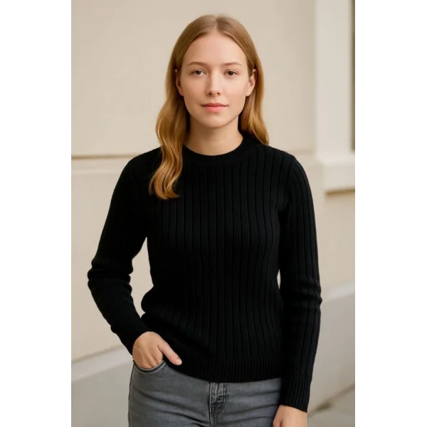 Kadın Bisiklet Yuvarlak Yaka Triko Kazak Pamuklu Kalın Fitilli Dokuma, Regular Fit Uzun Kollu Kışlık Model - Siyah