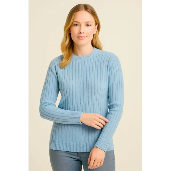 Kadın Bisiklet Yuvarlak Yaka Triko Kazak Pamuklu Kalın Fitilli Dokuma, Regular Fit Uzun Kollu Kışlık Model - Bebe Mavisi