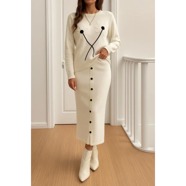 Kadın Bluz çiçek Desenli Detay Etek Düğme Detay   ıkılı Takım