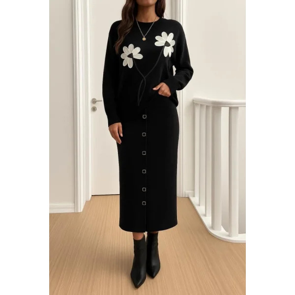 Kadın Bluz çiçek Desenli Detay Etek Düğme Detay   ıkılı Takım