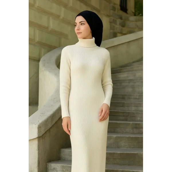 Kadın Tesettür Triko Elbise – Boğazlı Uzun Fitilli Dokuma, Esnek Tam Kalıp, 130 cm Midi Boy, Bahar & Kış Şık Rahat Stil - Beyaz
