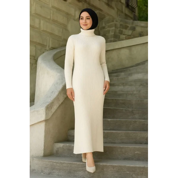 Kadın Tesettür Triko Elbise – Boğazlı Uzun Fitilli Dokuma, Esnek Tam Kalıp, 130 cm Midi Boy, Bahar & Kış Şık Rahat Stil - Beyaz