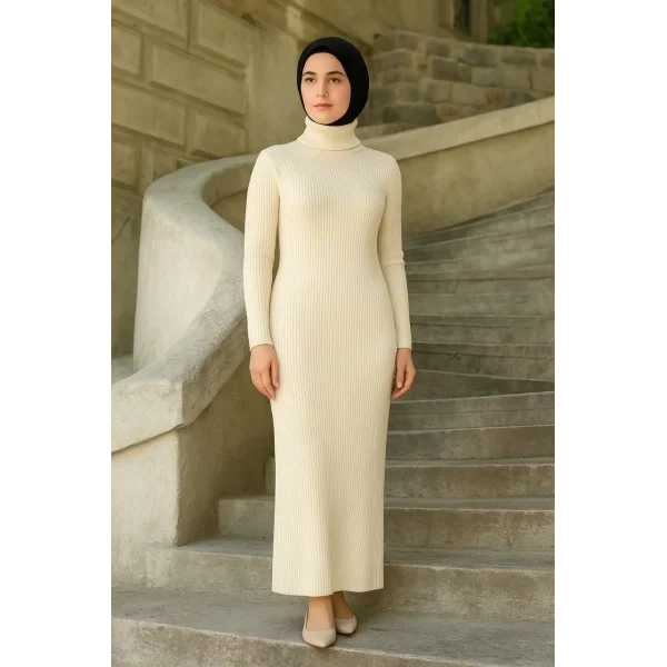 Kadın Tesettür Triko Elbise – Boğazlı Uzun Fitilli Dokuma, Esnek Tam Kalıp, 130 cm Midi Boy, Bahar & Kış Şık Rahat Stil - Beyaz