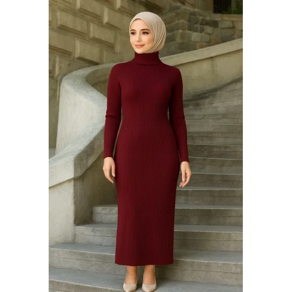 Kadın Boğazlı Uzun Fitilli Tesettüre Uygun Triko Dokuma Elbise - Bordo