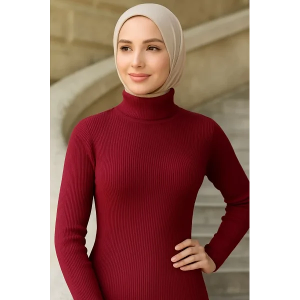 Kadın Boğazlı Uzun Fitilli Tesettüre Uygun Triko Dokuma Elbise - Bordo