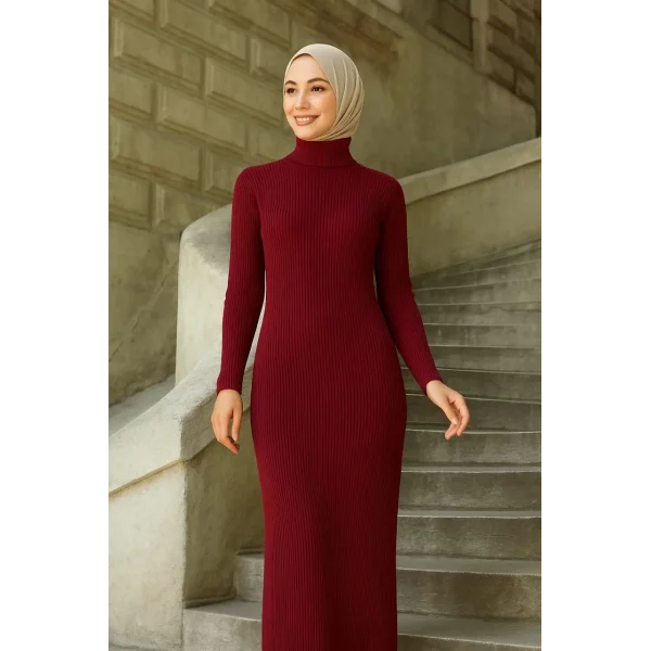 Kadın Boğazlı Uzun Fitilli Tesettüre Uygun Triko Dokuma Elbise - Bordo