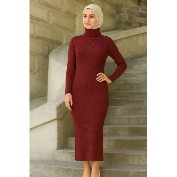 Kadın Boğazlı Uzun Fitilli Tesettüre Uygun Triko Dokuma Elbise - Bordo
