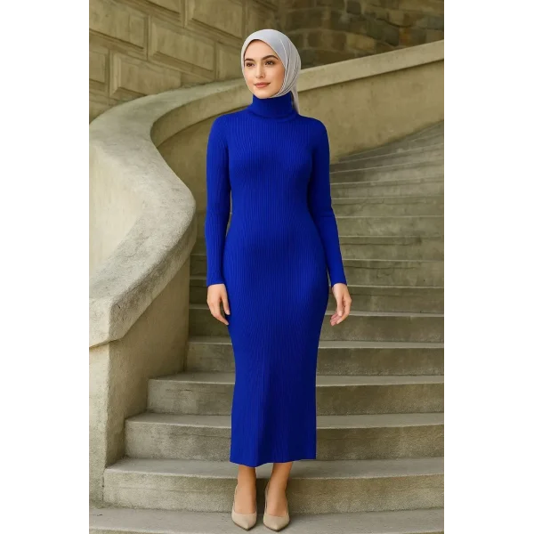 Kadın Boğazlı Uzun Fitilli Tesettüre Uygun Triko Dokuma Elbise - Saks Mavisi