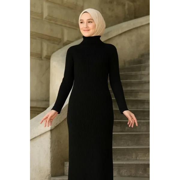 Kadın Tesettür Triko Elbise – Boğazlı Uzun Fitilli Dokuma, Esnek Tam Kalıp, 130 cm Midi Boy, Bahar & Kış Şık Rahat Stil - Siyah