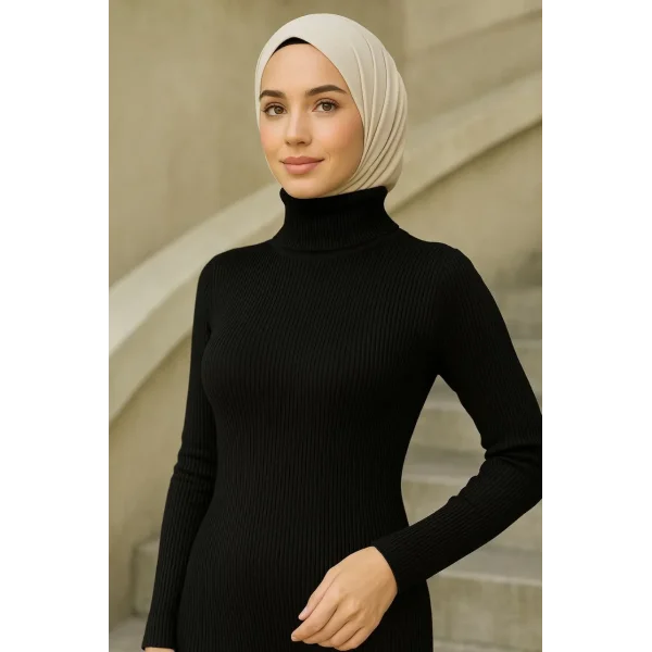 Kadın Tesettür Triko Elbise – Boğazlı Uzun Fitilli Dokuma, Esnek Tam Kalıp, 130 cm Midi Boy, Bahar & Kış Şık Rahat Stil - Siyah