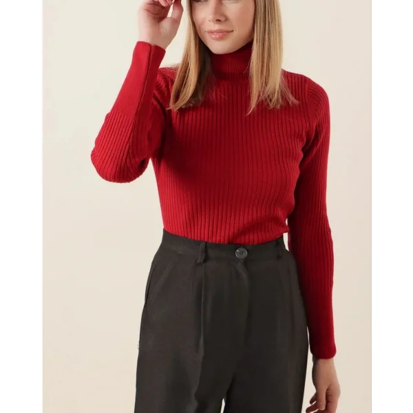 Kadın Boğazlı Uzun Fitilli Triko Dokuma Badi - Kırmızı