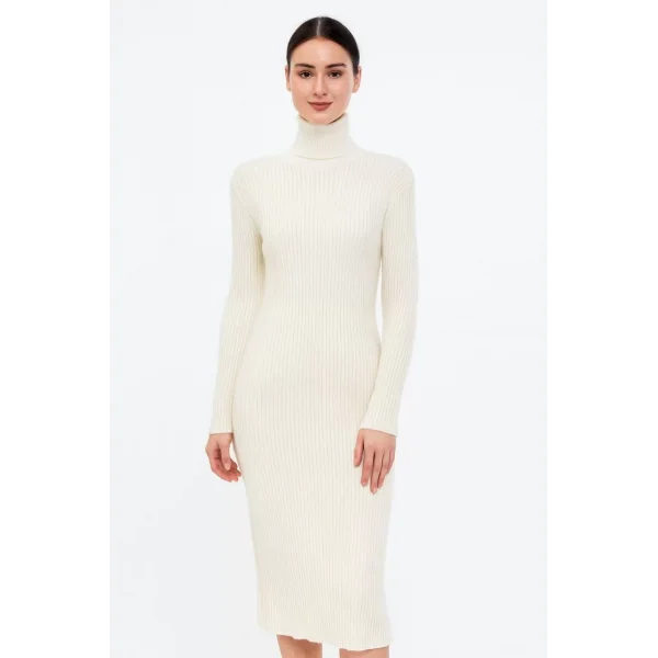 Kadın Boğazlı Triko Elbise – Uzun Fitilli Esnek Dokuma, Tam Kalıp, Kışlık & Baharlık Şık Rahat Stil, 130 cm Midi Boy Elbise - Beyaz