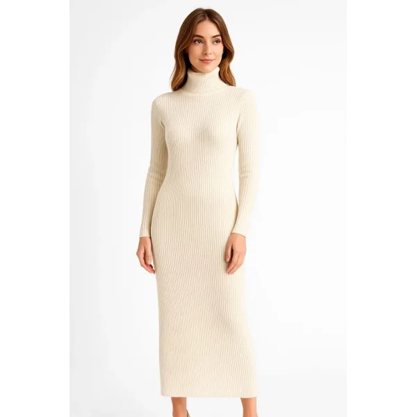 Kadın Boğazlı Triko Elbise – Uzun Fitilli Esnek Dokuma, Tam Kalıp, Kışlık & Baharlık Şık Rahat Stil, 130 cm Midi Boy Elbise - Beyaz