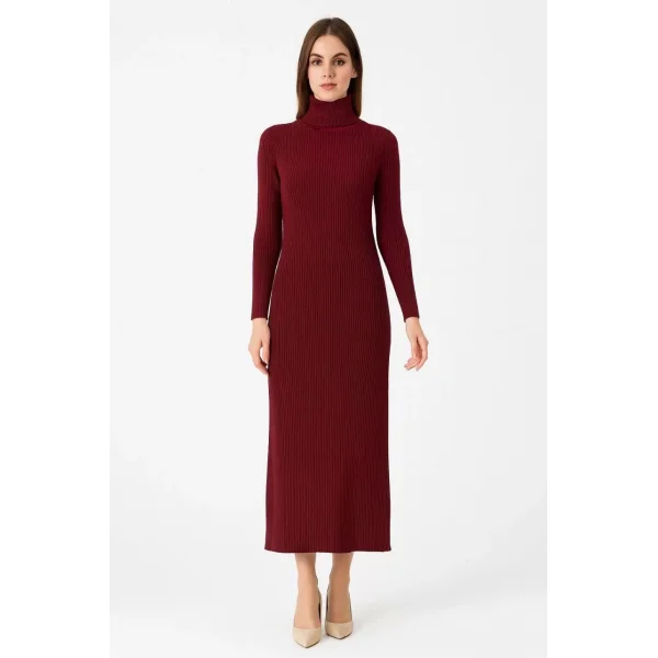 Kadın Boğazlı Uzun Fitilli Triko Dokuma Elbise - Bordo