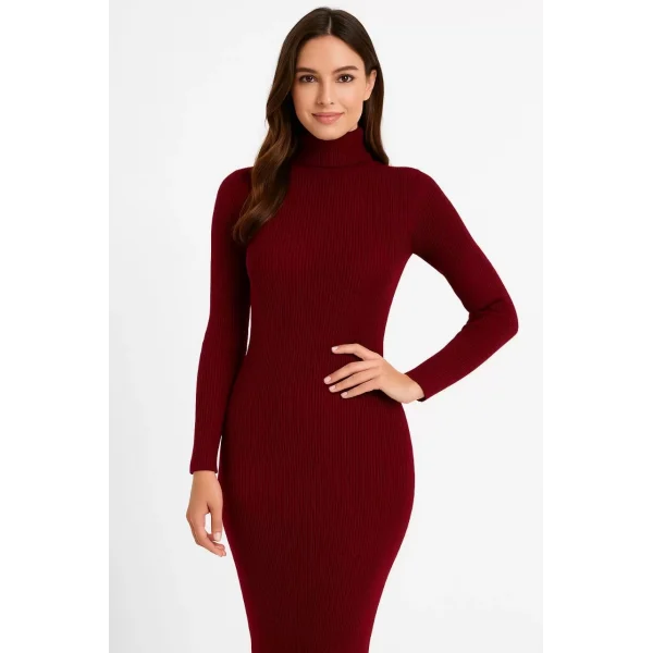 Kadın Boğazlı Uzun Fitilli Triko Dokuma Elbise - Bordo