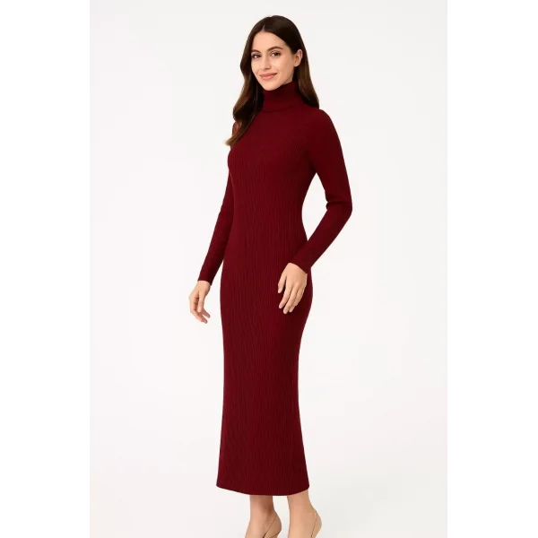 Kadın Boğazlı Uzun Fitilli Triko Dokuma Elbise - Bordo