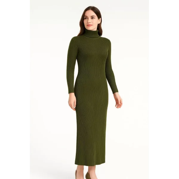 Kadın Boğazlı Triko Elbise – Uzun Fitilli Esnek Dokuma, Tam Kalıp, Kışlık & Baharlık Şık Rahat Stil, 130 cm Midi Boy Elbise - Haki