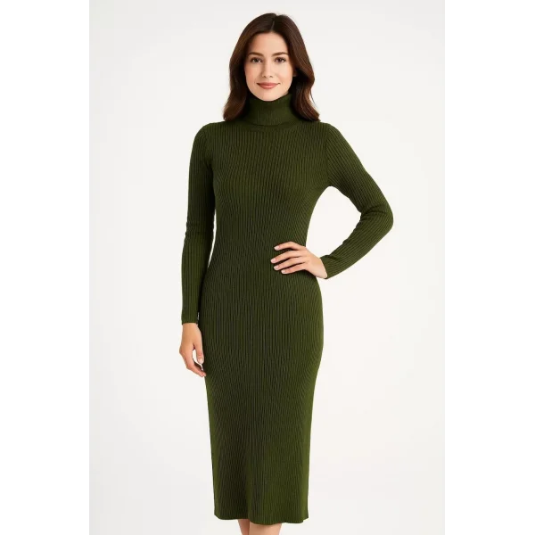 Kadın Boğazlı Triko Elbise – Uzun Fitilli Esnek Dokuma, Tam Kalıp, Kışlık & Baharlık Şık Rahat Stil, 130 cm Midi Boy Elbise - Haki