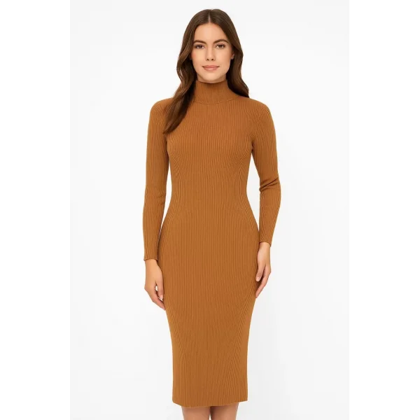 Kadın Boğazlı Triko Elbise – Uzun Fitilli Esnek Dokuma, Tam Kalıp, Kışlık & Baharlık Şık Rahat Stil, 130 cm Midi Boy Elbise - Kahverengi