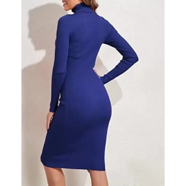 Kadın Boğazlı Uzun Fitilli Triko Dokuma Elbise - Mavi