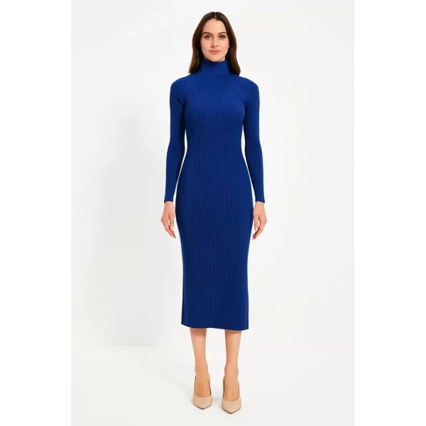 Kadın Boğazlı Triko Elbise – Uzun Fitilli Esnek Dokuma, Tam Kalıp, Kışlık & Baharlık Şık Rahat Stil, 130 cm Midi Boy Elbise - Saks Mavisi