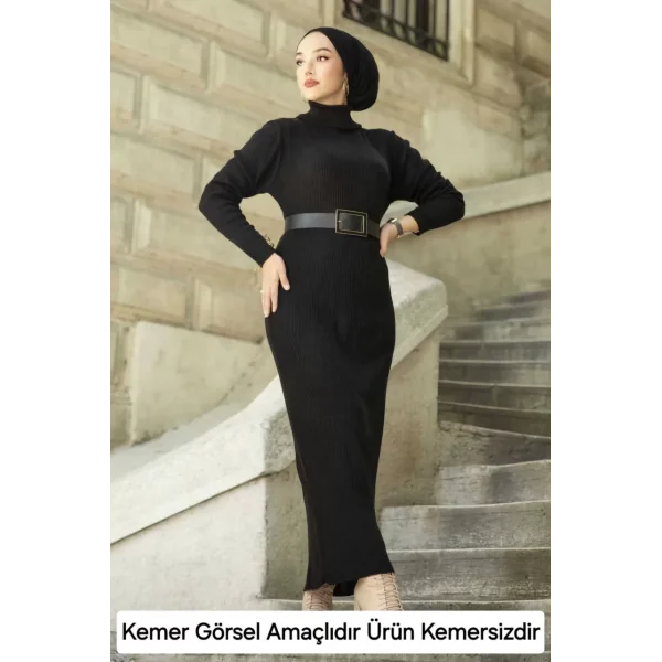 Kadın Boğazlı Uzun Fitilli Triko Dokuma Elbise - Siyah