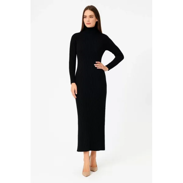 Kadın Boğazlı Triko Elbise – Uzun Fitilli Esnek Dokuma, Tam Kalıp, Kışlık & Baharlık Şık Rahat Stil, 130 cm Midi Boy Elbise - Siyah