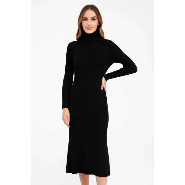 Kadın Boğazlı Triko Elbise – Uzun Fitilli Esnek Dokuma, Tam Kalıp, Kışlık & Baharlık Şık Rahat Stil, 130 cm Midi Boy Elbise - Siyah