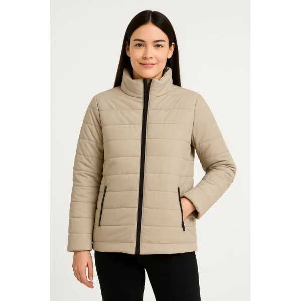 Kadın Bomber Mont Ceket – Su İtici Kumaş, Kapitone Astarlı, Fermuarlı, Kışlık - Bej