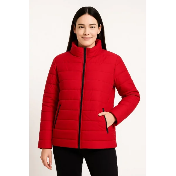 Kadın Bomber Mont Ceket – Su İtici Kumaş, Kapitone Astarlı, Fermuarlı, Kışlık - Kırmızı