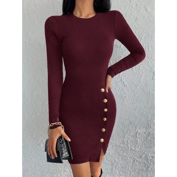 Kadın Bordo Uzun Kollu Bisiklet Yaka Yan Yırtmaç Düğme Detay Kısa Kaşkorse Elbise