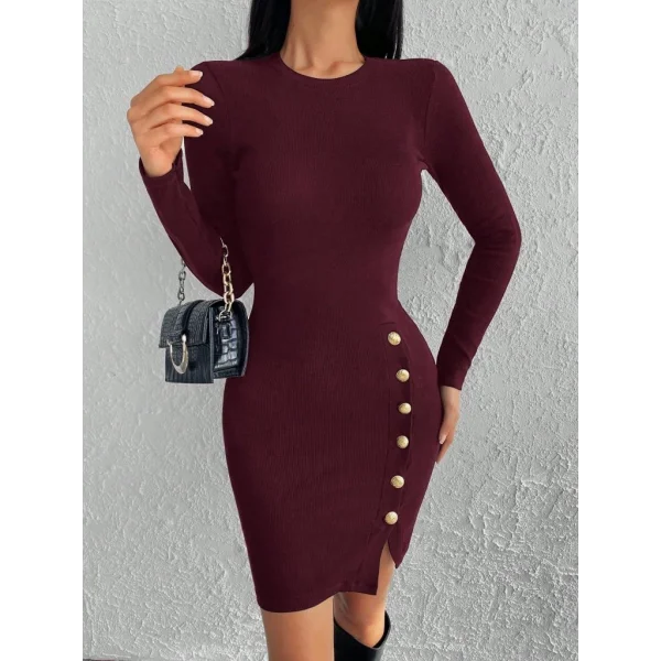 Kadın Bordo Uzun Kollu Bisiklet Yaka Yan Yırtmaç Düğme Detay Kısa Kaşkorse Elbise