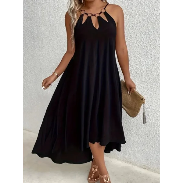 Kadın Boyundan Askılı Damla Detaylı Halkalı Asimetrik Kesim Viskon Elbise