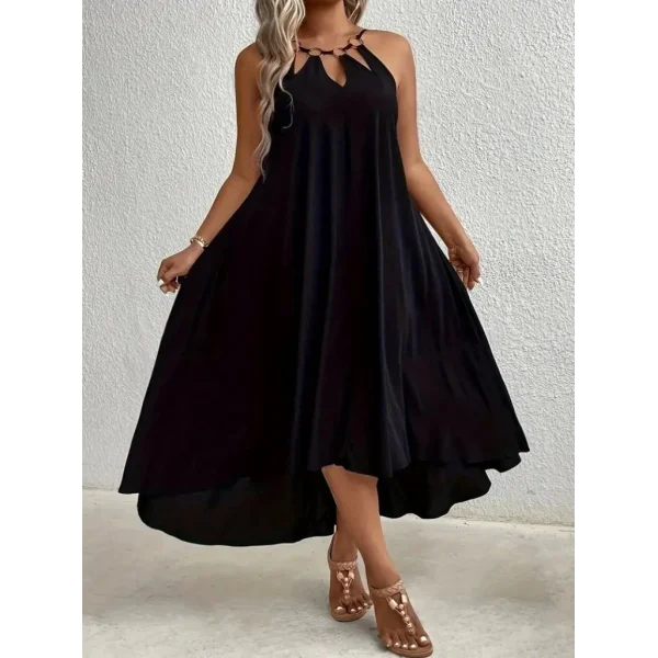 Kadın Boyundan Askılı Damla Detaylı Halkalı Asimetrik Kesim Viskon Elbise