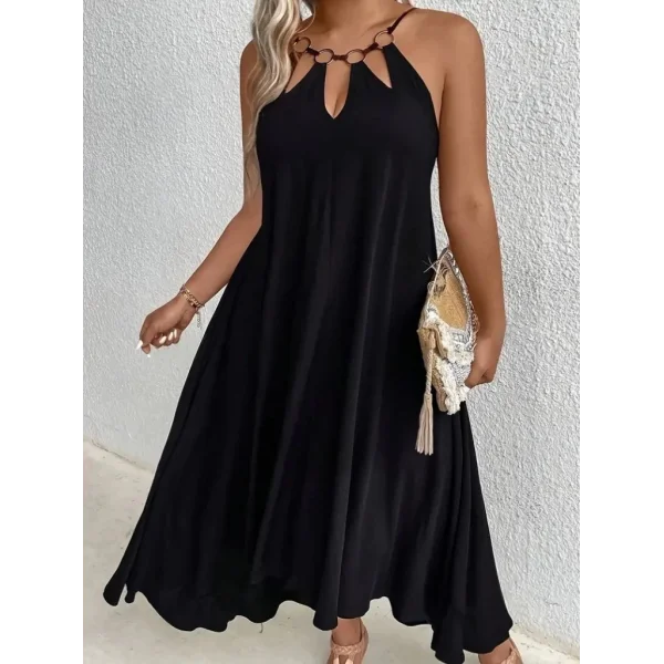 Kadın Boyundan Askılı Damla Detaylı Halkalı Asimetrik Kesim Viskon Elbise