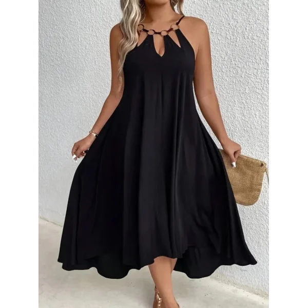 Kadın Boyundan Askılı Damla Detaylı Halkalı Asimetrik Kesim Viskon Elbise