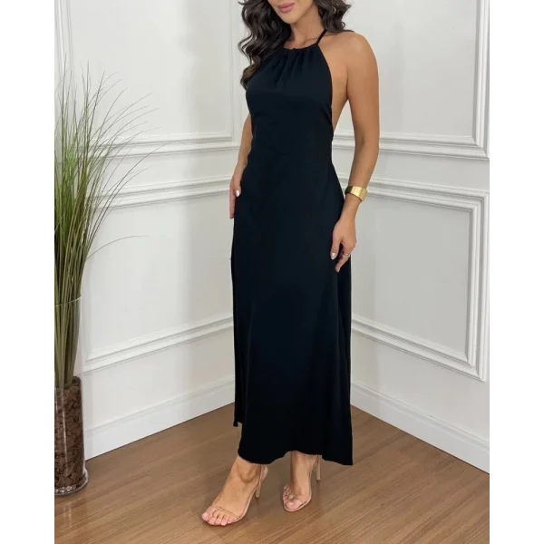 Kadın Boyundan Askılı Halter Kollu Viskon Elbise