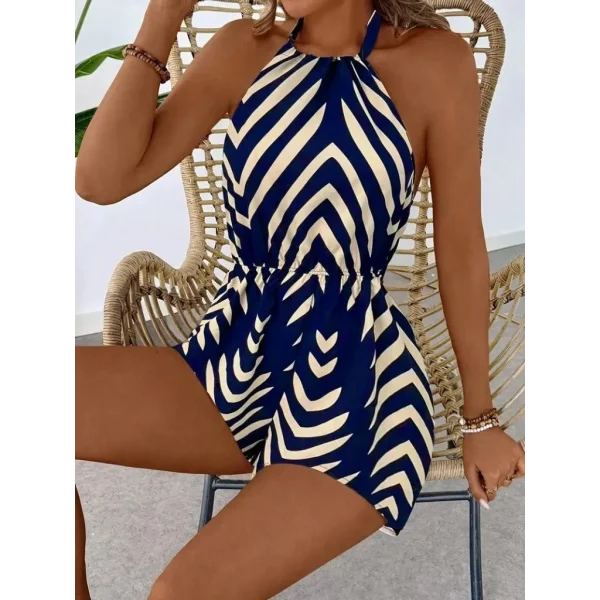 Kadın Boyundan Askılı Halter Yakalı Desenli Süprem Tulum