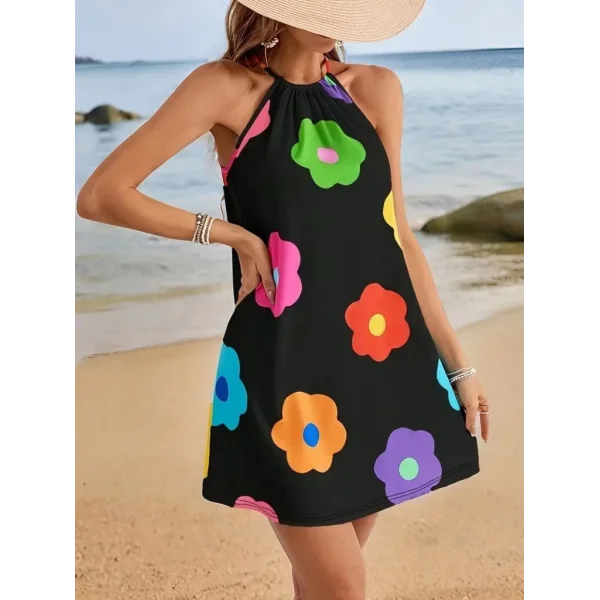 Kadın Boyundan Askılı Kolsuz çiçek Desenli Süprem Elbise