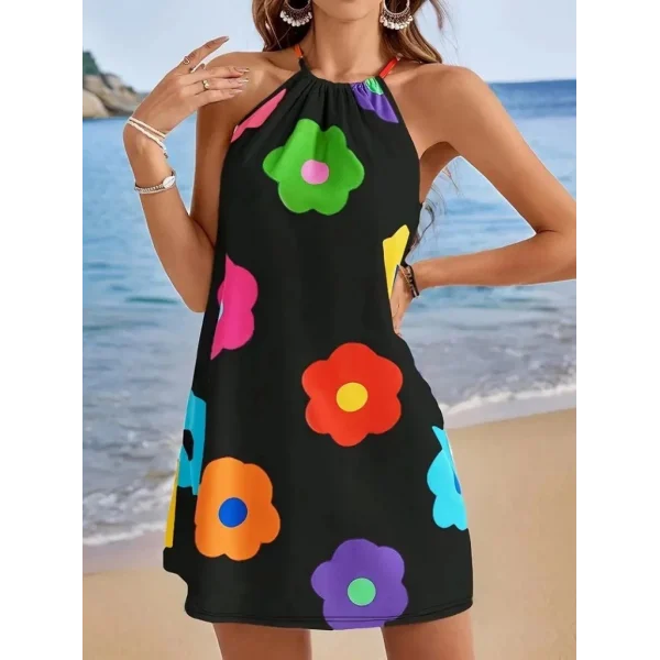 Kadın Boyundan Askılı Kolsuz çiçek Desenli Süprem Elbise