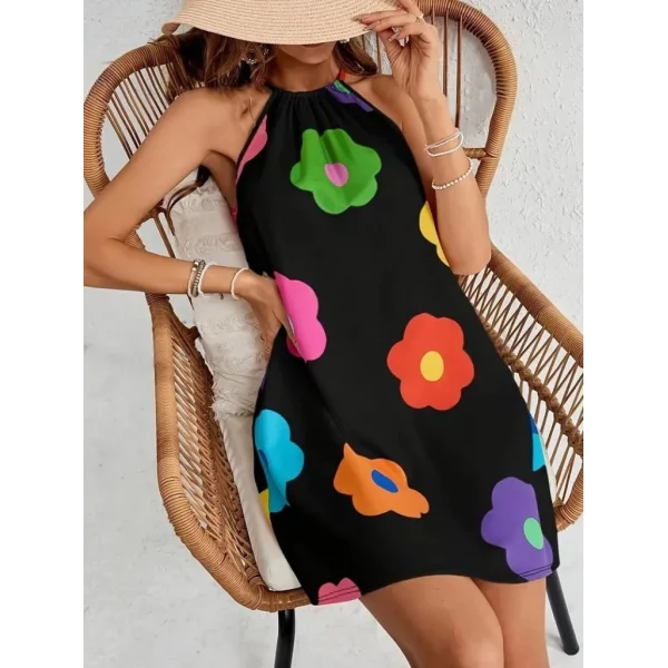 Kadın Boyundan Askılı Kolsuz çiçek Desenli Süprem Elbise