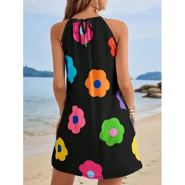 Kadın Boyundan Askılı Kolsuz çiçek Desenli Süprem Elbise