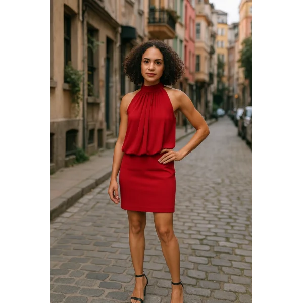 Kadın Boyundan Bağlamalı Şifonlu Kolsuz Fırsat Ürün Diz Üstü Elbise